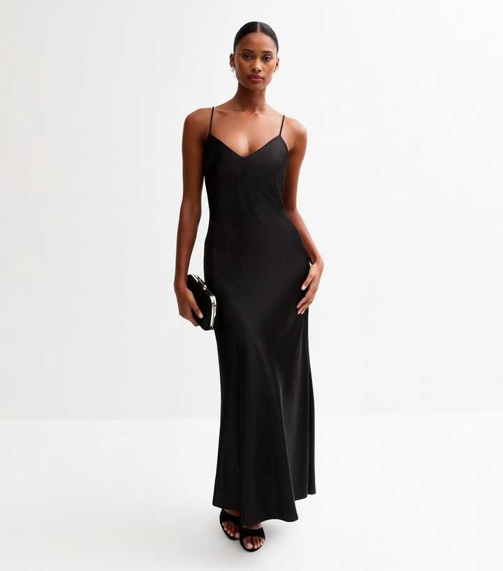 Black Satin Corsage Midi Slip Dress