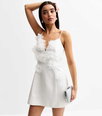 White Floral Appliqued Satin Mini Dress