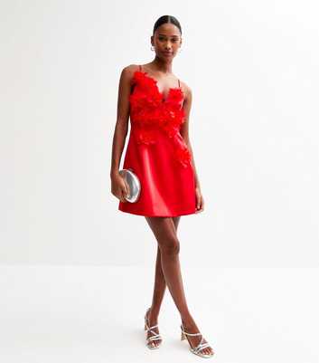 Red Floral Appliqued Satin Mini Dress