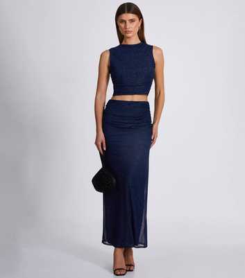 QUIZ Navy Sparkle Mesh High Neck Crop Top