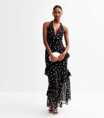 Black Polka Dot Cowl Neck Chiffon Maxi Dress