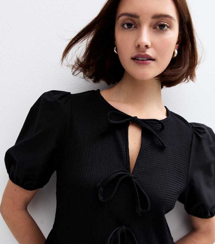 Black Crinkled Jersey Tie Front Top