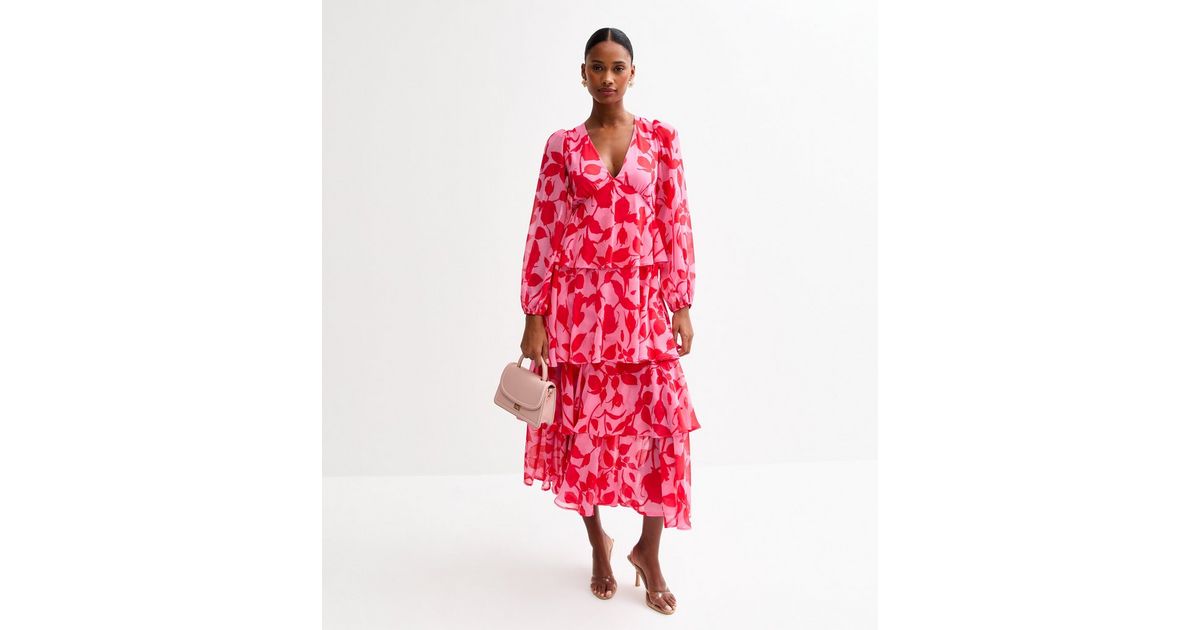 Pink Floral Print Tiered Chiffon Midi Dress New Look