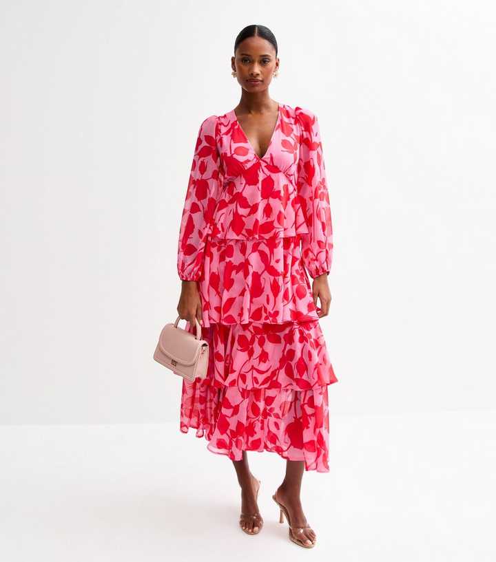 Pink Floral Print Tiered Chiffon Midi Dress