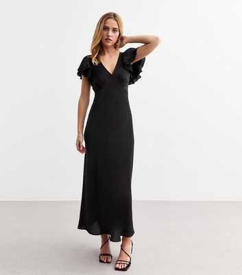 Black Ruffled Sleeve Satin Midi Dress