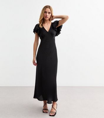 Black Ruffled Sleeve Satin Midi Dress New Look