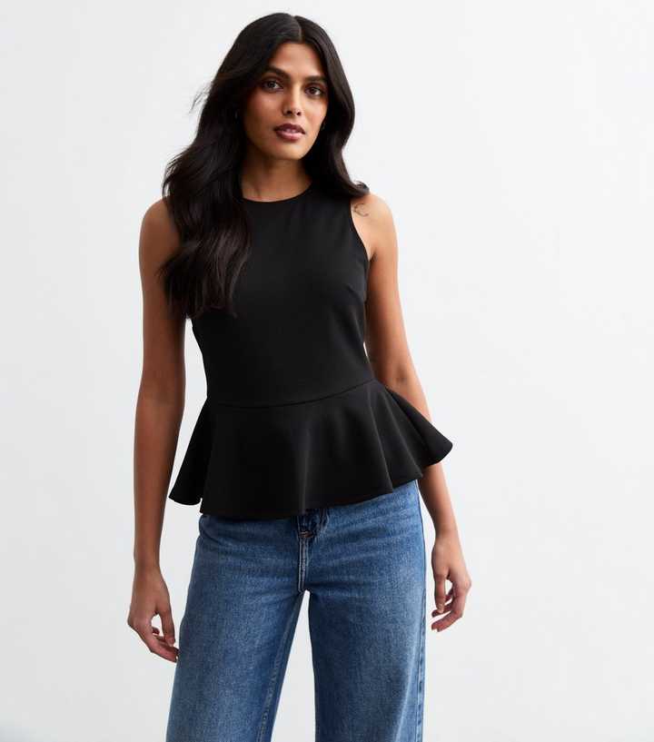 Black Sleeveless Peplum Hem Top New Look