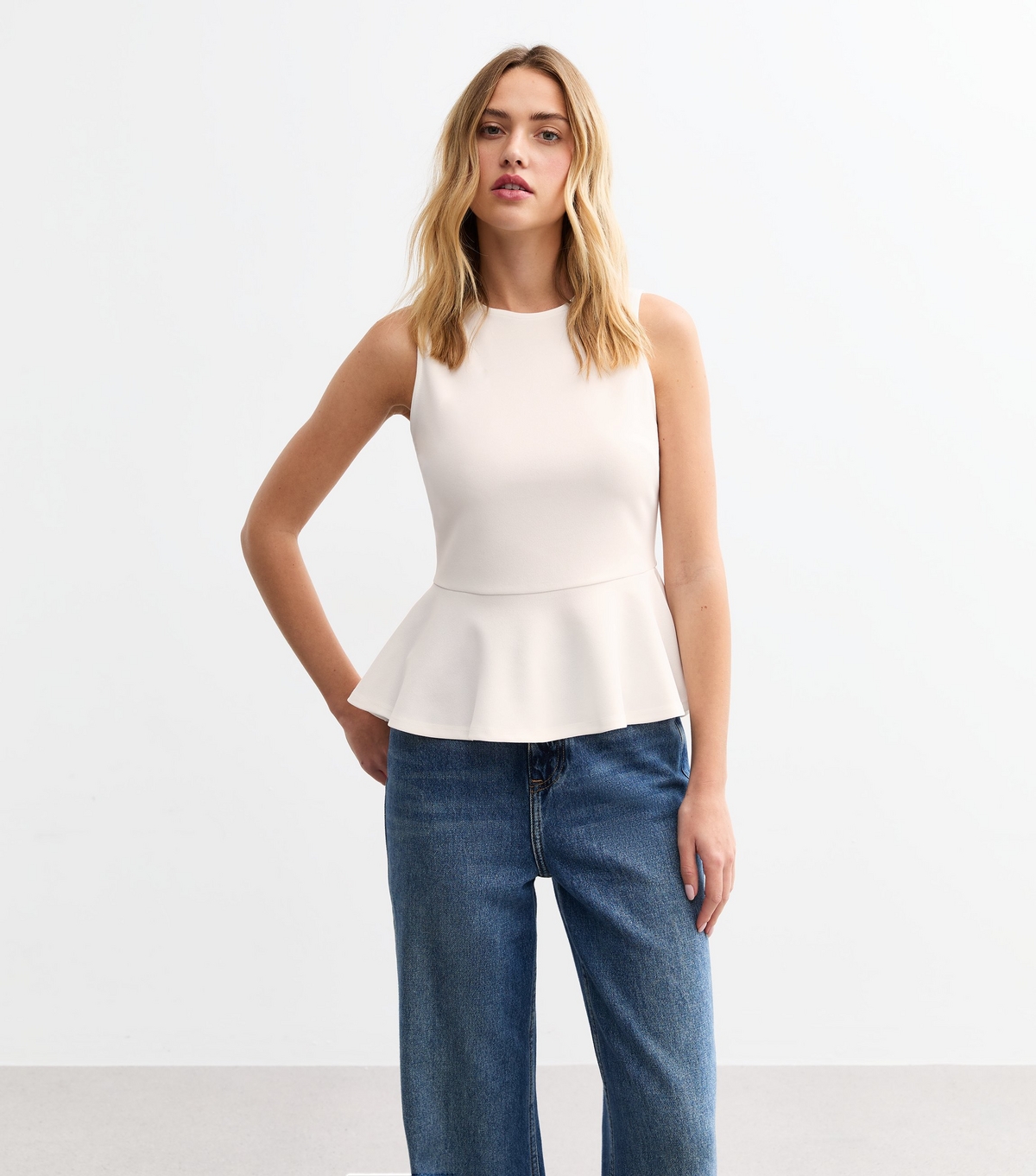 Women's Off White Sleeveless Peplum Hem Top New Look