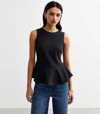 Navy Ponte Sleeveless Peplum Hem Top