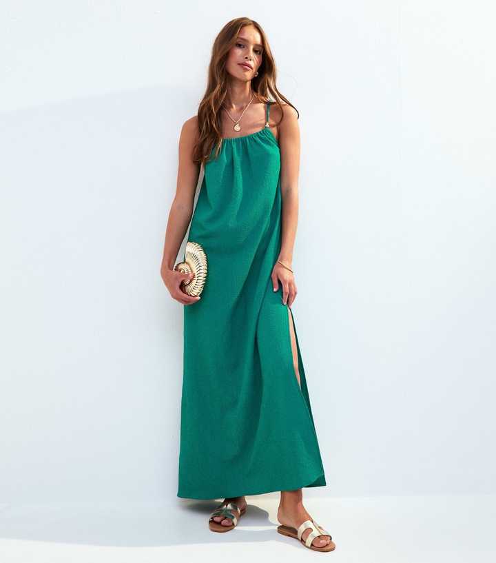 Green Textured Beaded Strap Beach Maxi Dress