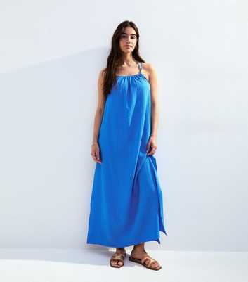 Blue Textured Beaded Strap Beach Maxi Dress