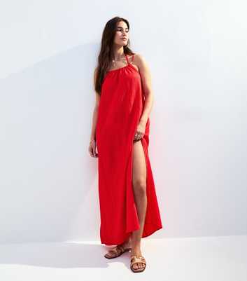 Red Textured Beaded Strap Beach Maxi Dress