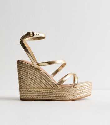 Gold Faux Leather Metallic Strap Wedge Sandals