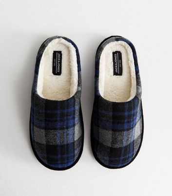 Jack Jones Navy Checked Fleece Lined Slippers New Look