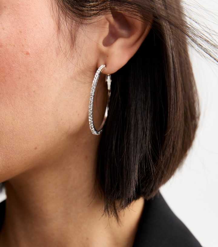 Silver Tone Diamante Embellished Hoop Earrings