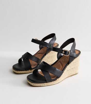 Extra Wide Fit Black Faux Leather Crossover Strap Wedge Sandals