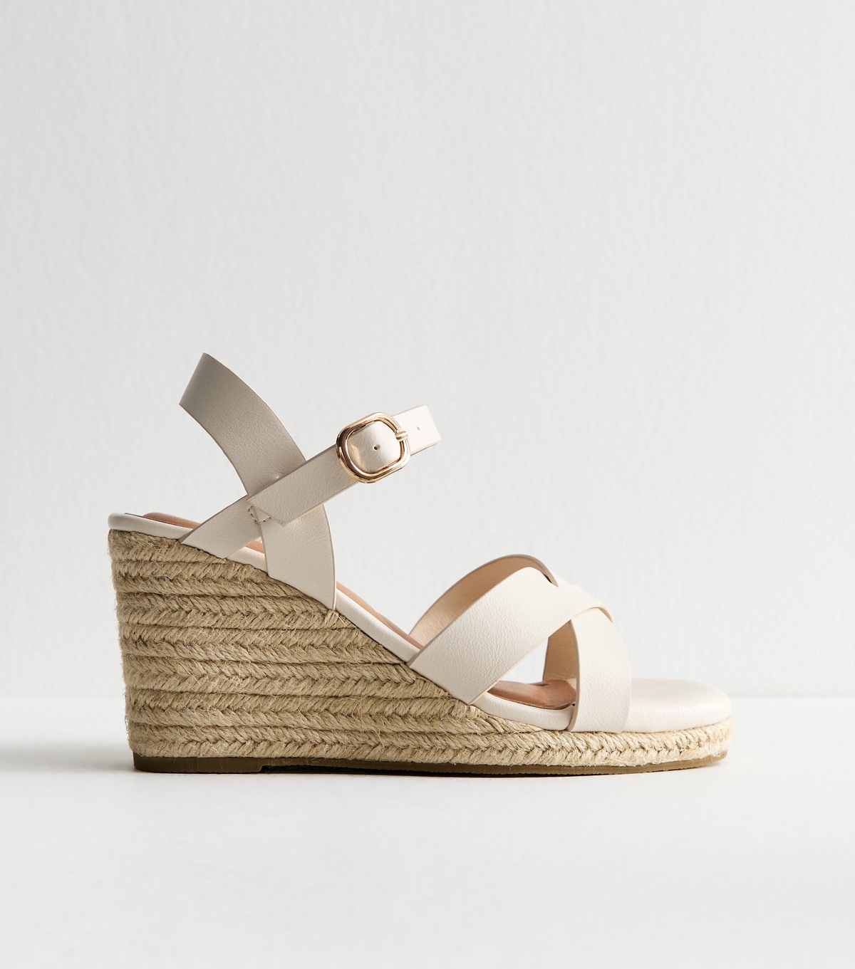 Women's Extra Wide Fit Off White Faux Leather Crossover Strap Wedge Sandals Vegan New Look