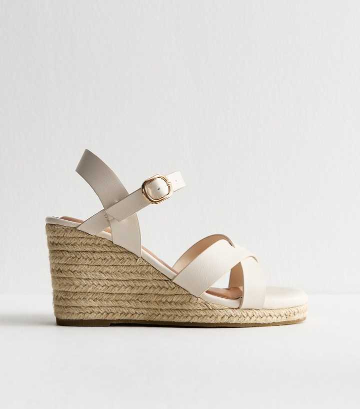 Extra Wide Fit Off White Faux Leather Crossover Strap Wedge Sandals