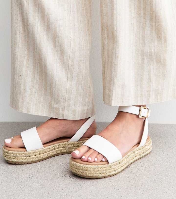 Extra Wide Fit White Faux Leather Jute Sole Flatform Sandals New