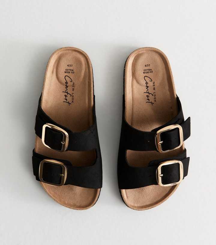 Extra Wide Fit Black Brushed Faux Leather Sandals | New Look