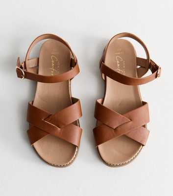 Wide Fit Tan Faux Leather Crossover Strap Sandals