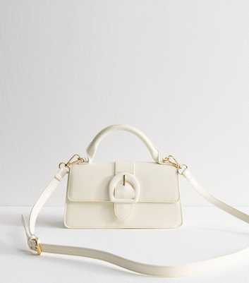 White Buckle Detail Faux Leather Top Handle Bag