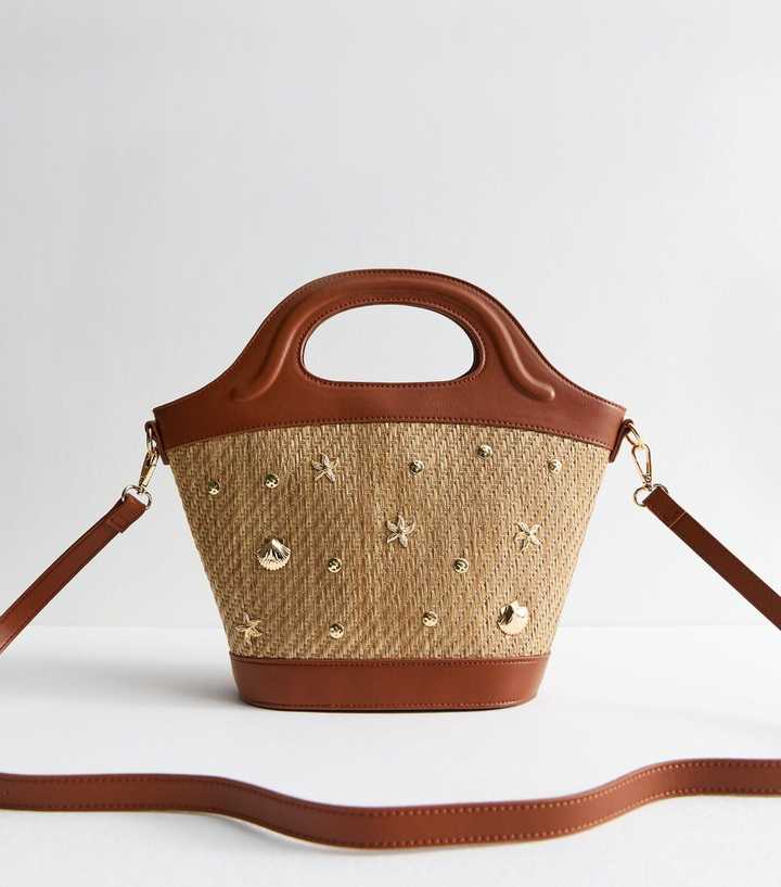 Stone Woven Seashell Embellished Crossbody Bag