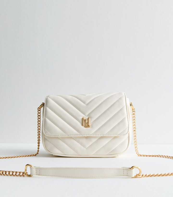 Cream Faux Leather Quilted Crossbody Bag