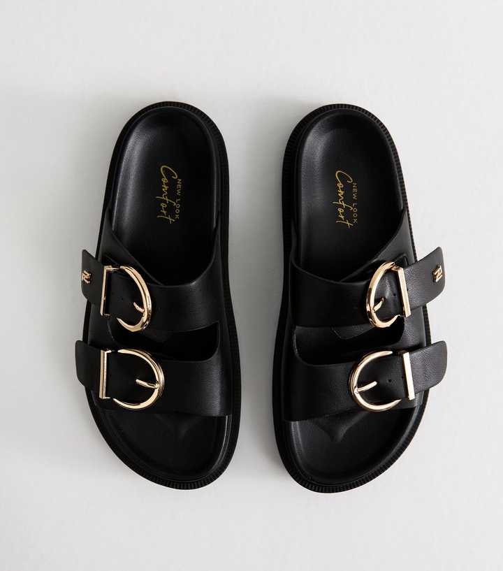 Wide Fit Black Chunky Buckled Strap Faux Leather Sandals