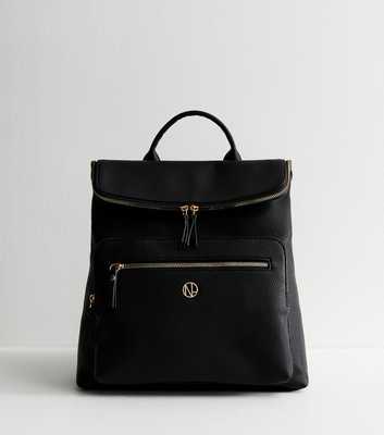 Black Faux Leather Logo Plaque Zip Top Backpack