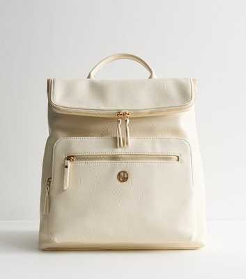 Cream Faux Leather Logo Plaque Zip Top Backpack