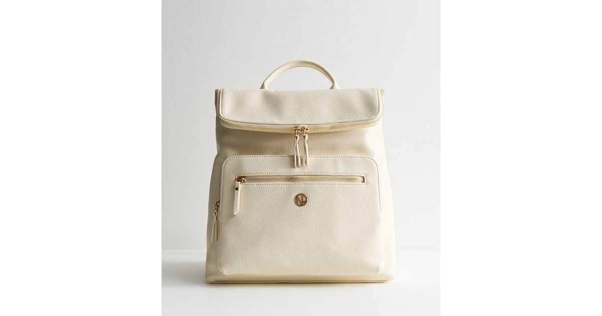 Cream Faux Leather Logo Plaque Zip Top Backpack New Look