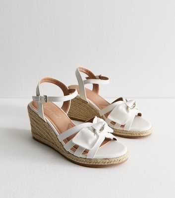 Wide Fit White Bow Embellished Faux Leather Wedge Sandals