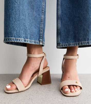Cream Linen Look Block Heel Sandals