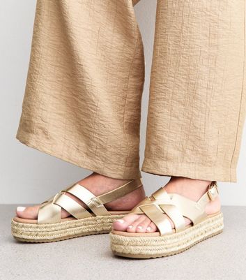 Wide Fit Gold Faux Leather Crossover Strap Platform Sandals