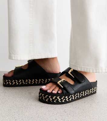 Wide Fit Black Faux Leather Double Buckle Flatform Mule Sandals