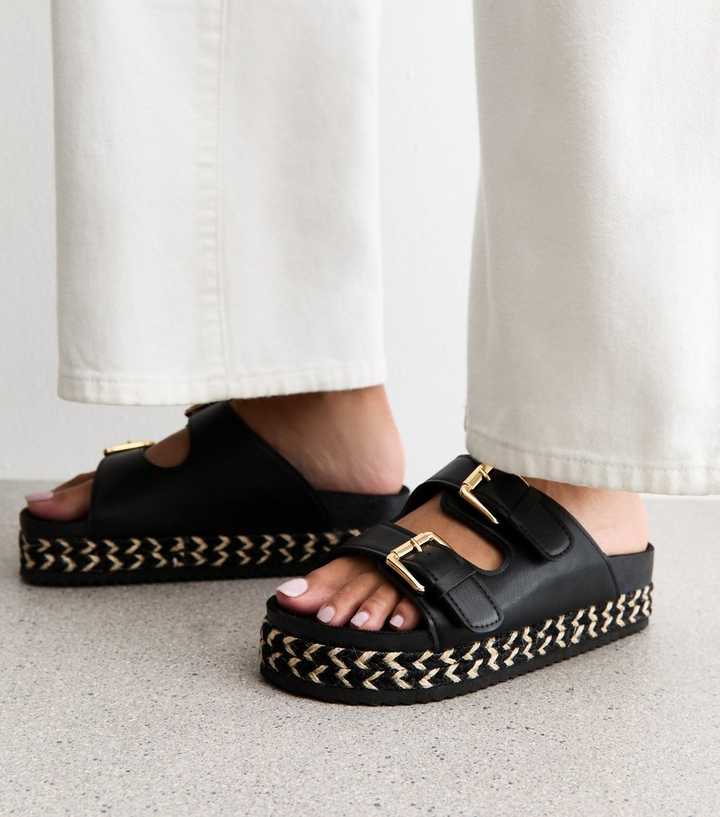 Wide Fit Black Faux Leather Double Buckle Flatform Mule Sandals