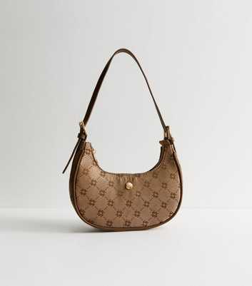 Brown Jacquard Detail Small Scoop Shoulder Bag