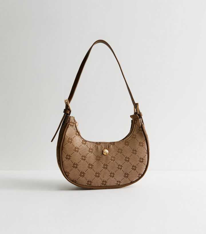 Brown Jacquard Detail Small Scoop Shoulder Bag