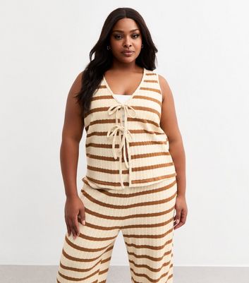 Curves Cream Textured Striped Tie Front Vest