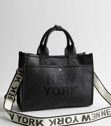 Black New York Grained Faux Leather Tote Crossbody Bag