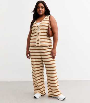 Curves Cream Textured Striped Trousers