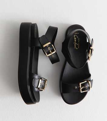 Wide Fit Black Buckled Faux Leather Flatform Sandals