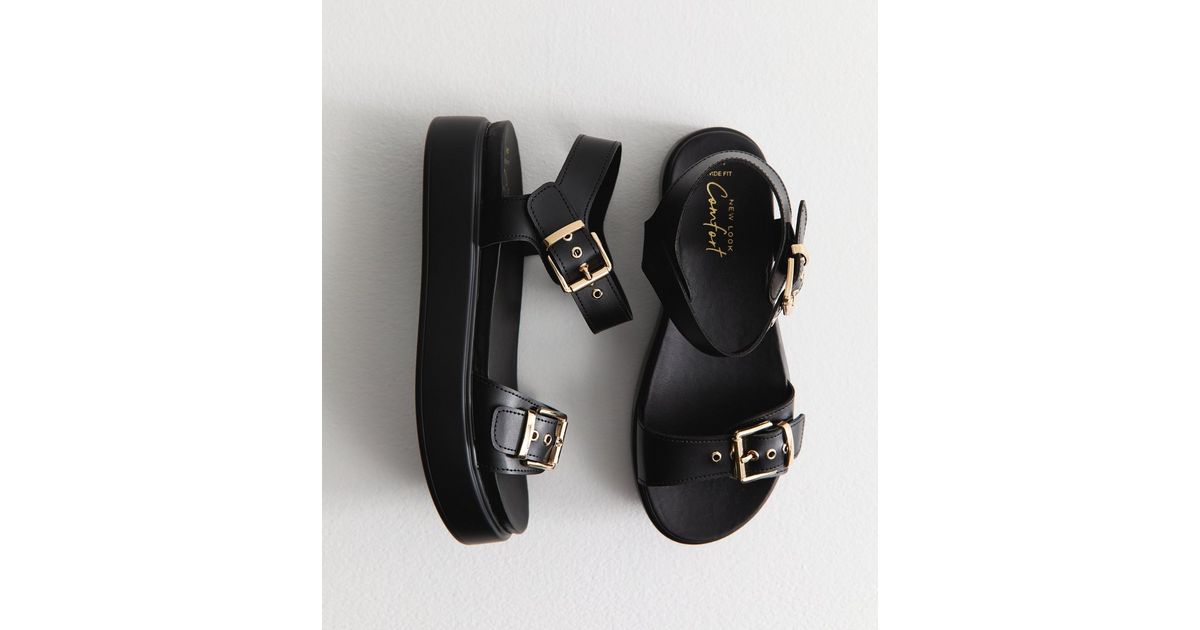 Wide Fit Black Buckled Faux Leather Flatform Sandals New Look