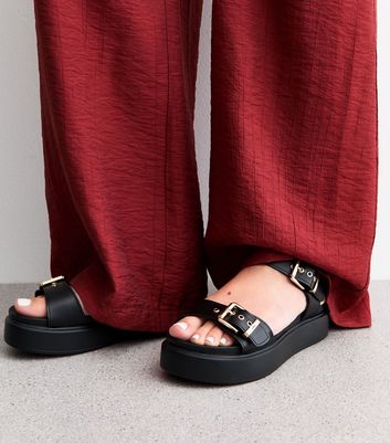 Wide Fit Black Buckled Faux Leather Flatform Sandals