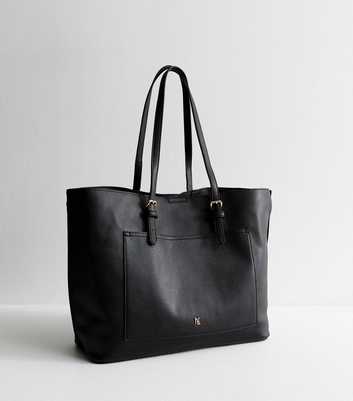 Black Grained Faux Leather Front Pocket Tote Bag