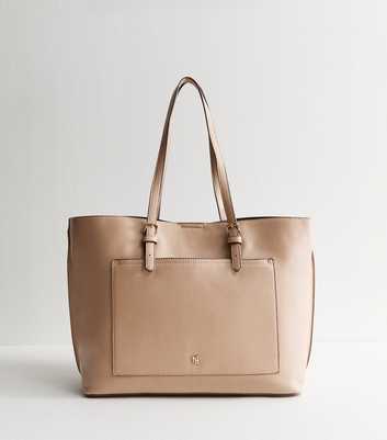 Mink Faux Leather Logo Pocket Tote Bag