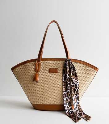 Stone Faux Leather Trimmed Raffia Look Tote Bag