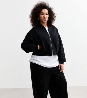 Curves Black Zip Up Cropped Bomber Jacket | New Look