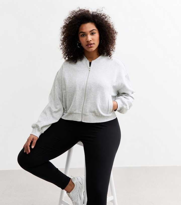 Curves Light Grey Zip Up Cropped Bomber Jacket